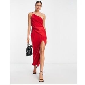 ASOS DESIGN Satin One Shoulder Strappy Red Midi Dress with Slit - Size 10